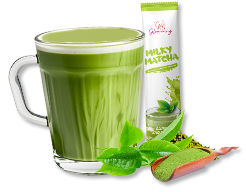 Glowming Matcha hot drink with sachet.