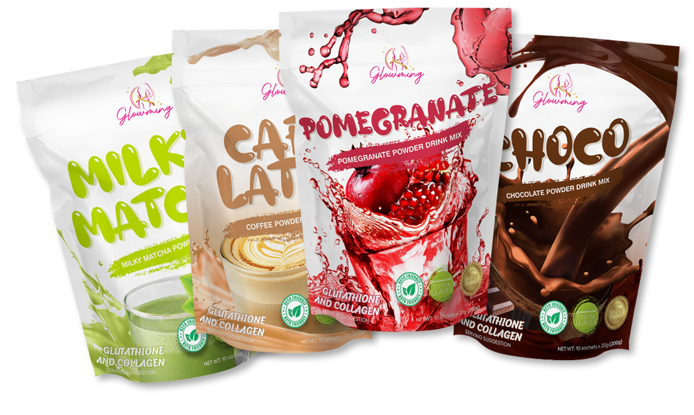 Glowming pouches: Milky Matcha, Cafe Latte, Pomegranate and Choco